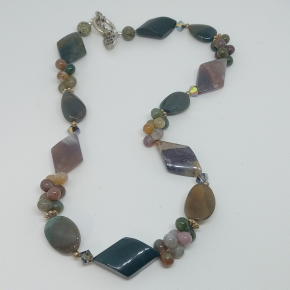* handmade agate & jasper stones necklace    unique teardrop & diamond shapes - Picture 1 of 5